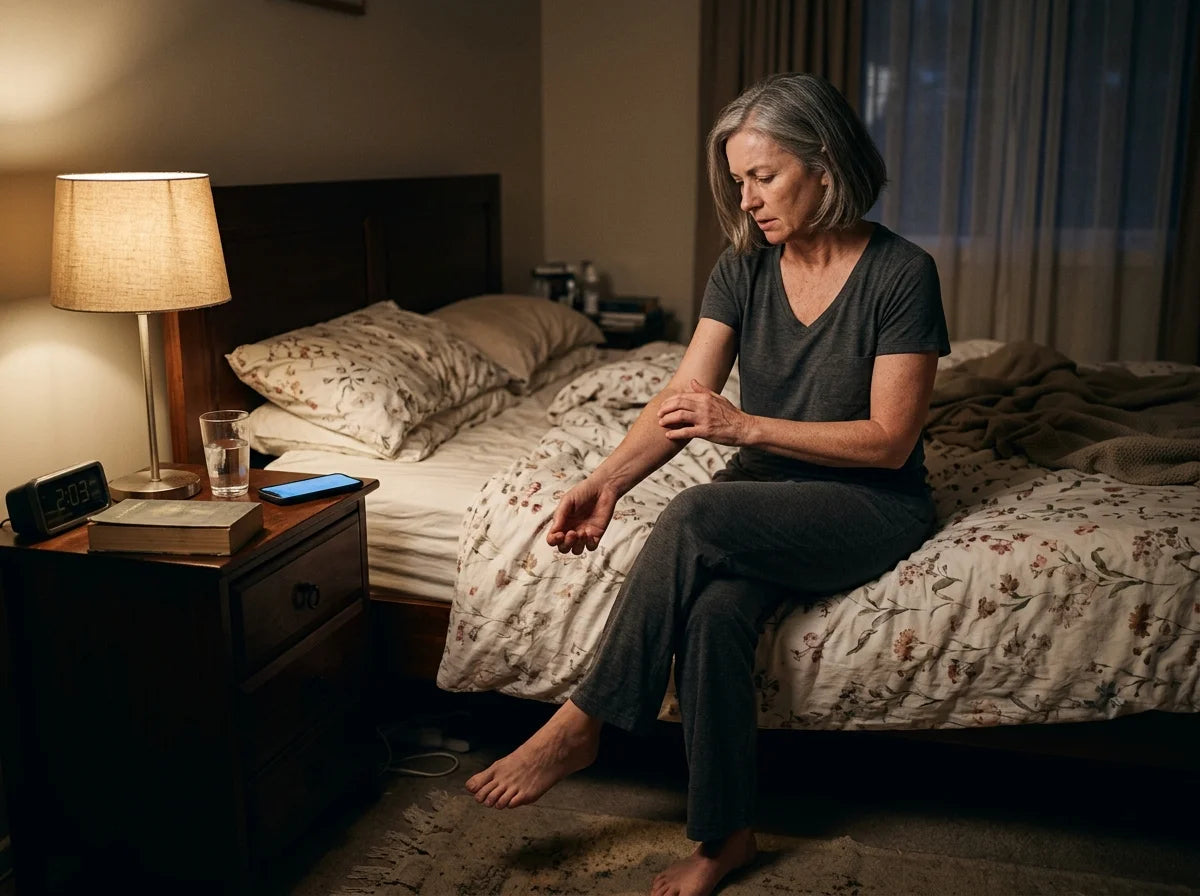 Woman sitting on a bed at night